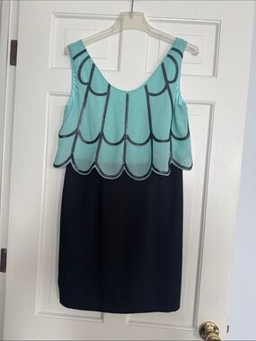 Minuet Petite Aqua Overlay Black Midi Dress